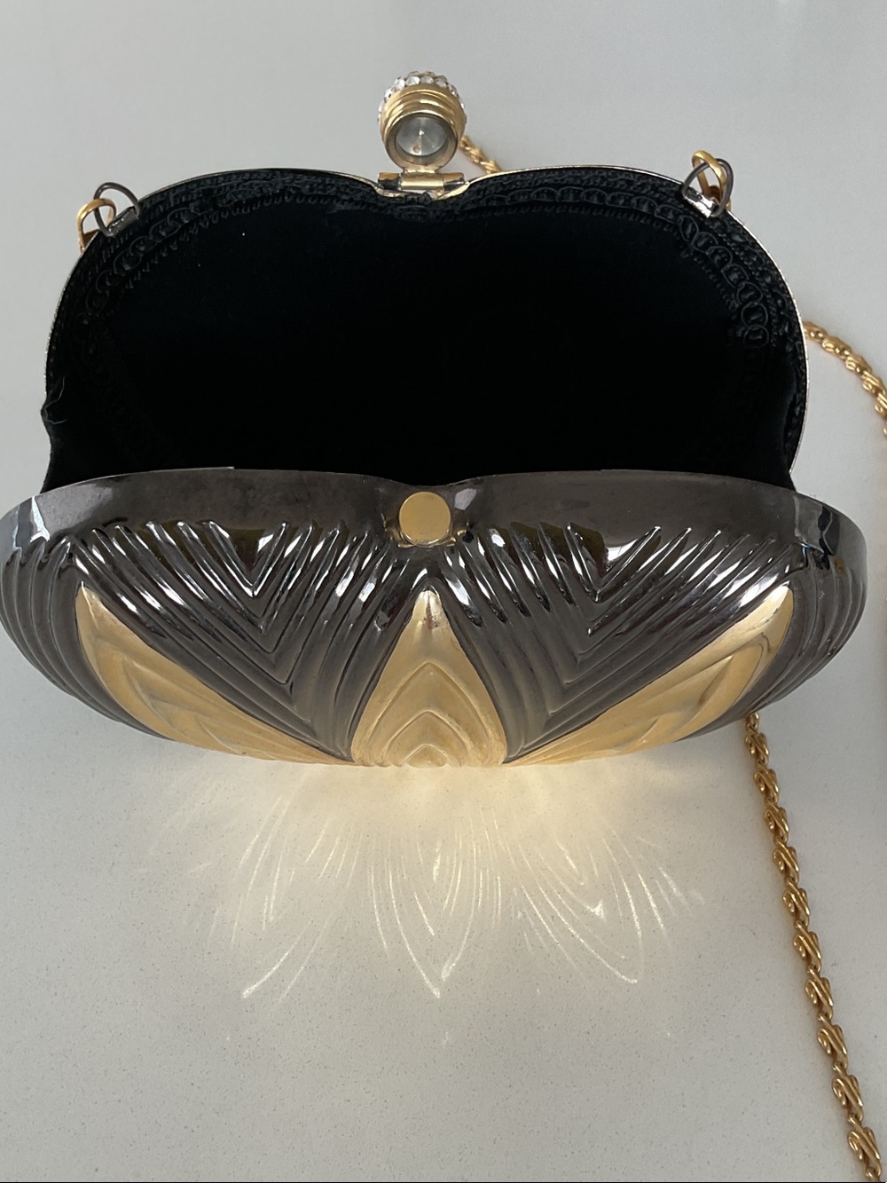 Gold and Black/Charcoal Gray Sculpted Leaf Crossbody Metal Clutch - Women Bags - Picture 11 of 15